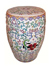 Decorative Porcelain Stool Hand Painted Floral Vines, 18"H