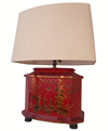 15" Wide Handpainted Landscape Oriental Red Lacquer Table Lamp