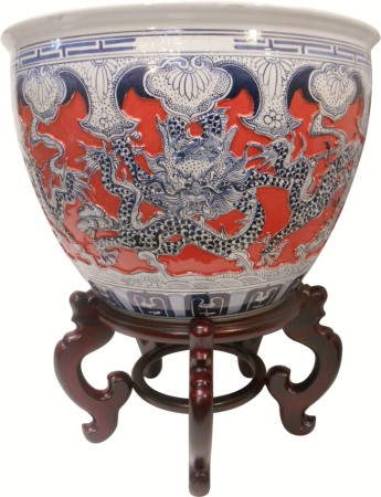 Chinese Dragon Fishbowl Porcelain Planter Imperial Coral Glaze