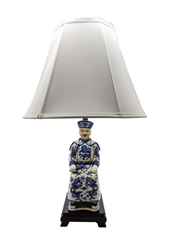 Blue & White Porcelain Lamp Scholar On Rosewood Stand