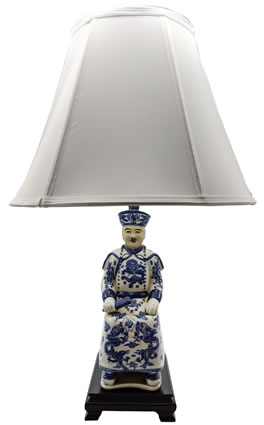 Blue & White Porcelain Lamp Scholar On Rosewood Stand