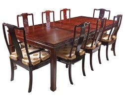 Asian Rosewood Dining Set with Hand Carved Long Life Chairs and Silk Cushions