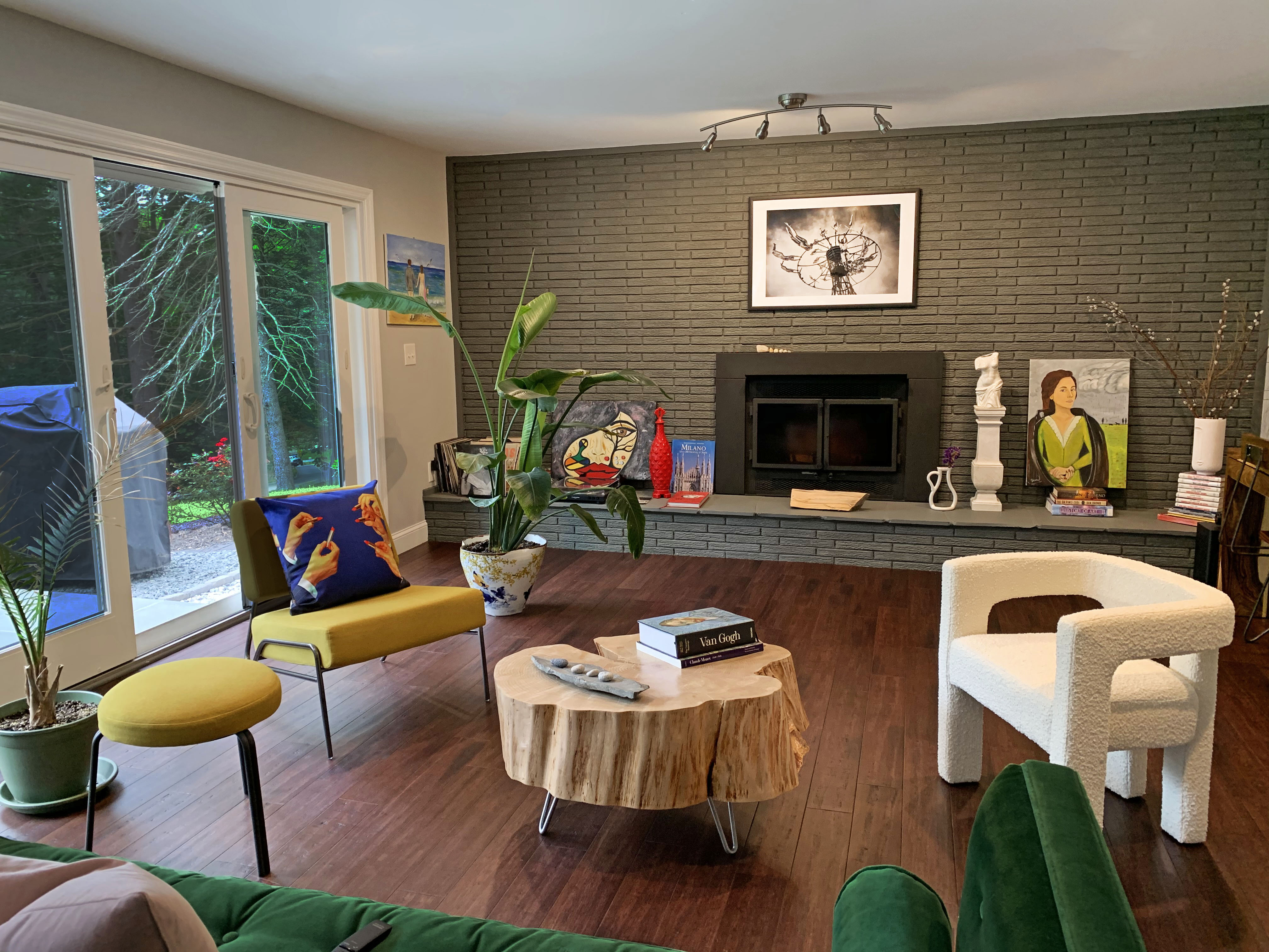 living room differemt mismatched wood furniture