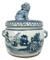Blue and White Porcelain Asian Candy Jar with Foo Dog Lid