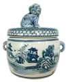 Blue and White Porcelain Asian Candy Jar with Food Dog Lid