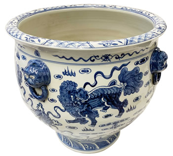 16" Blue & White Fu Dog Porcelain Planter with Decorative Handle