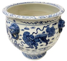 Large Blue & White Porcelain Planter with Carved Fu Dog Lion Handles