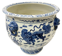 Blue & White Fu Dog Porcelain Planter with Sculpted Lion Handle