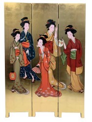 72"h Oriental Hand Painted Gold Leaf Floor Screen with Dancing Ghesha