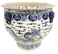 Blue & White Porcelain Planter with Carved Lion Handle
