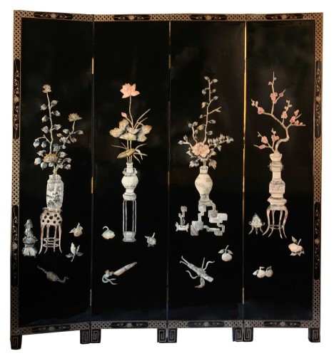 Standing Floor Screen with Inlaid Mother Of Pearl in Vase Design