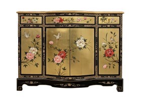 Oriental Lacquer Cabinet With Rounded Center and Hand Painted Floral