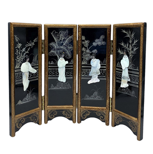 14" H. Hand Painted Oriental Black Lacquer with Mother of Pearl Folding Screen