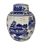 Chinese 9" Ginger Jar In Export Blue and White Porcelain Landscape