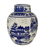 9" Ginger Jar In Export Blue and White Porcelain Landscape