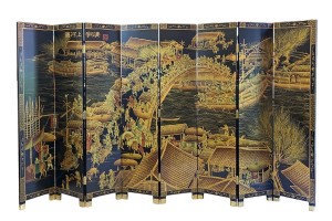 Large Oriental Wooden Screen River Town Painting