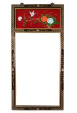 Red Lacquer Mirror in Chinese Bird and Flower Design