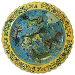 Large 18" Porcelain Plate Blue & Yellow Foo Dog Design