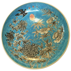 Large Chinese Porcelain Plate with Peony Decoration on Blue Glaze