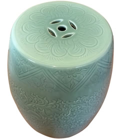 Porcelain Stool or Side Table in Celadon Glaze with Lotus Flower