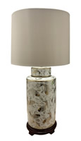 Chinese Table Lamp in Silver Koi Fish on White Porcelain with Modern Drum Shade