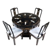 Asian Black Lacquer Circular Dining Table Set with Hand Carved Mother of Pearl Asian Black Lacquer Circular Dining Table Set with Hand Carved Mother of Pearl