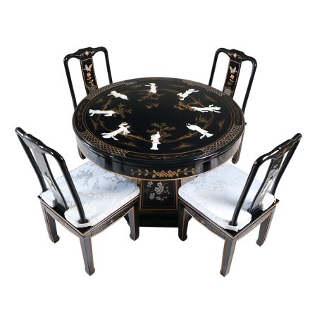 Circular Dining Table Set, Black Lacquer with Hand Carved Mother of Pearl Circular Dining Table Set, Black Lacquer with Hand Carved Mother of Pearl