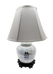 24"H. Blue and White Oriental Porcelain Ginger Jar Table Lamp with Double Happiness Design Seated on a Rosewood Stand with a 3 way switch