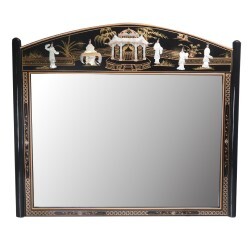 Oriental Large Mirror Black Mother Of Pearl With Village Scene