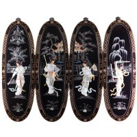 Black Lacquer Asian Art Panels Inlaid Mother Of Pearl Set of Four