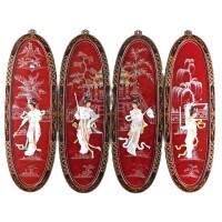 Decorative Panels in Red and Black Lacquer with Inlaid Mother Of Pearl