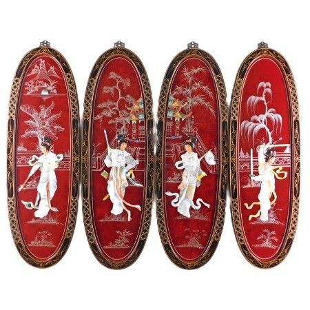 Decorative Panels in Red and Black Lacquer with Inlaid Mother Of Pearl