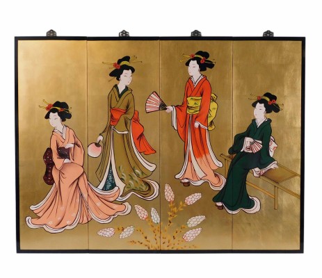 Hanging Painted Wall Panels in Geisha Design, 48"W