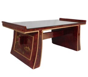 42" Oriental Coffee Table With High Gloss Lacquer and Gold Landscape in French Red