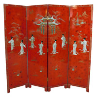 Chinese Red Lacquer Four Panel Room Divider Floor Screen with Mother of Pearl Inlay