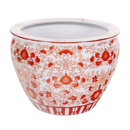Chinese Garden Planter in Red & White Coral Pattern 14" Wide