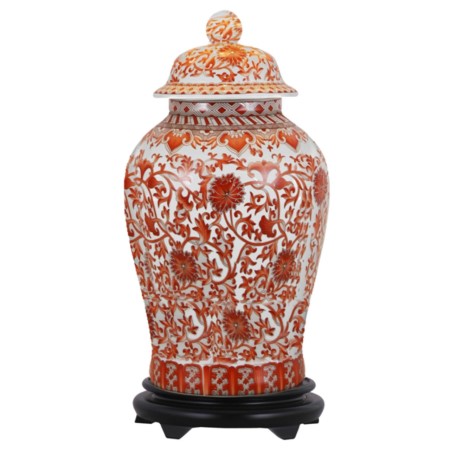 19" Red & White Glazed Porcelain Temple Jar