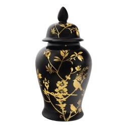 Black and Gold Asian Temple Jar in Bird and Flower
