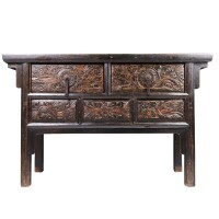 Antique Chinese Chest of Drawers With Peony Carving and Drawers