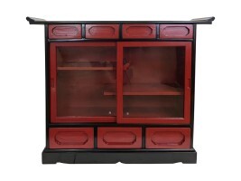 Red Lacquer Japanese Wooden Glass Curio Cabinet