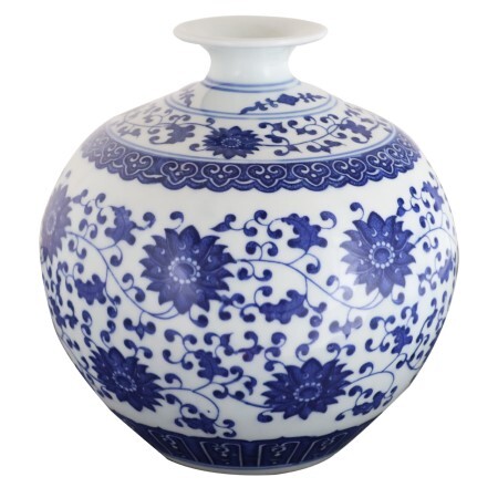 Chinese Floral Vine Blue & White Ball Vase
