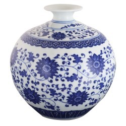Chinese Floral Vine Blue and White Ball Vase