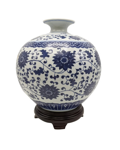 Chinese Floral Vine Blue and White Ball Vase