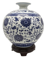 Chinese Floral Vine Blue and White Ball Vase