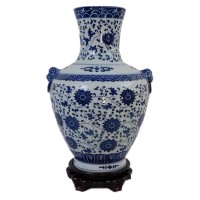 Blue and White Floral Vine Vase with Lion Handles