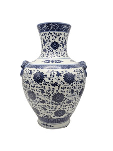Blue & White Floral Vine Vase with Lion Handles