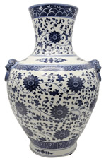 Blue and White Floral Vine Vase with Lion Handles