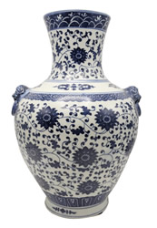 Blue and White Floral Vine Vase with Lion Handles