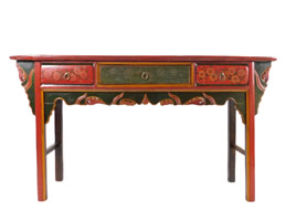 Tibetan Hand Painted Antique Floral Winged Three Drawer Table - 60" W