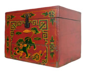 Red and Yellow Hand Painted Tibetan Side Trunk with Foo Dog 18"W